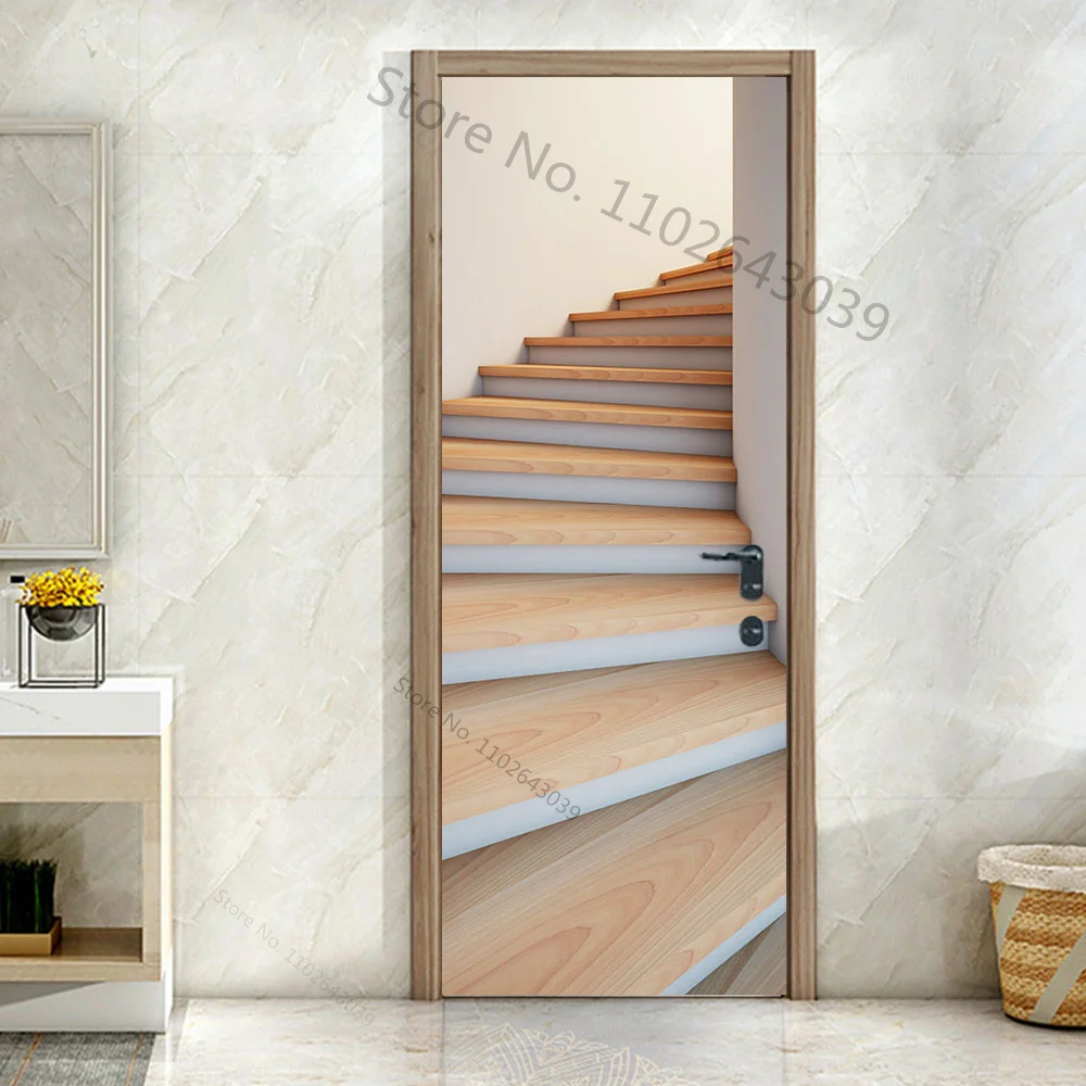 Custom Size 3D Staircase Steps Door Stickers Self Adhesive Waterproof Modern Scenery Home Room Door Wrap Mural Cover Wallpaper