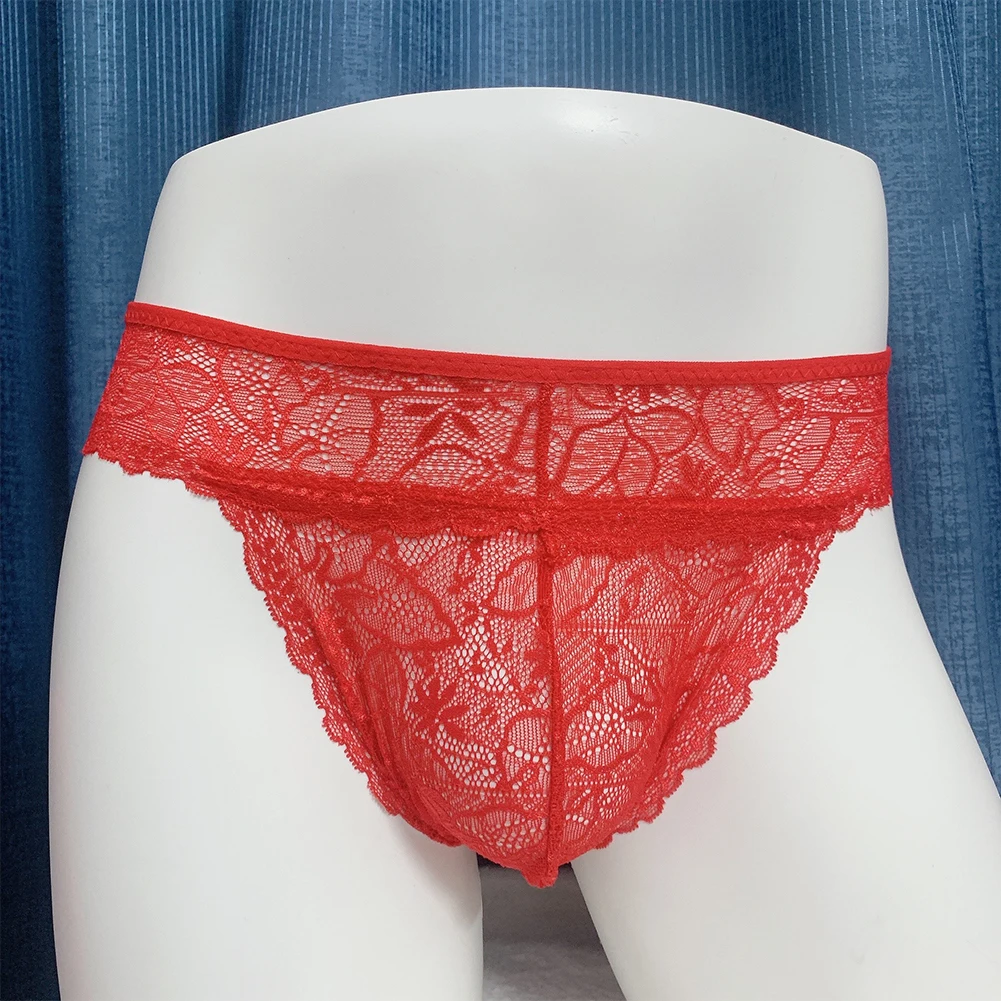 

Men Sexy Sissy Lace Mesh Bulge Pouch Seamless Briefs Thong Bikini Lingerie Underwear Underpants Breathable Solid Mens T-back
