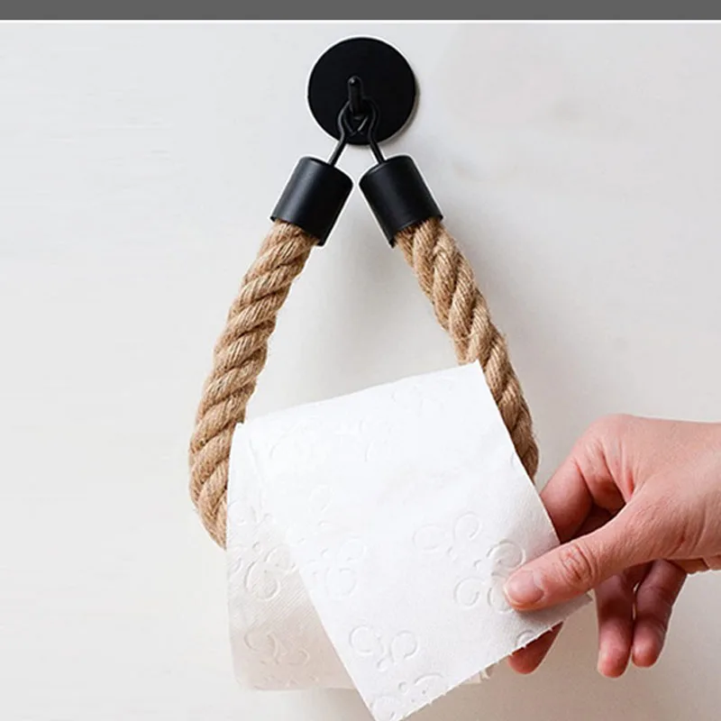 Punch-Free Toilet Paper Holder Linen Rope Paper Towel Holder Self-Adhesive Hanging Rope for Paper Wall Mounted Tissue Holder