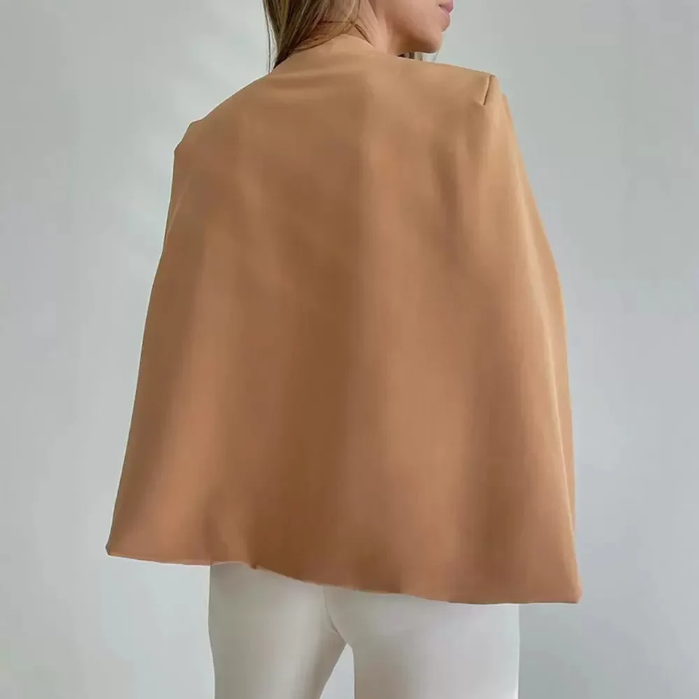 Open Front Shoulder Padded Cape Blazer Coat Women Jacket Solid Color Autumn Winter Long Sleeve