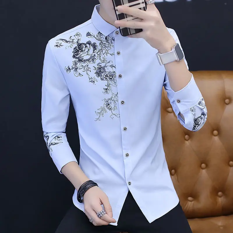 Spring Business Casual Long-sleeved Polo Collar Men\'s Shirt Button Floral Printing Korean Fashion Slimming Fashion Commute Tops