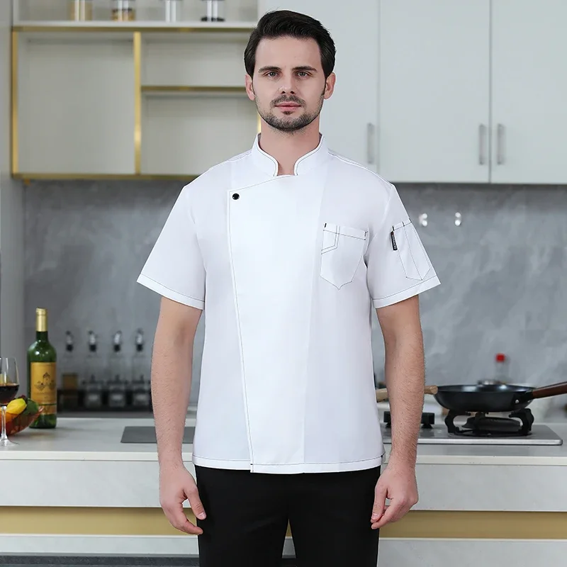 Manteau de Chef blanc pour hommes, veste de chef à manches courtes, tablier d'été, uniforme de Chef de tête, Restaurant hôtel, vêtements de cuisine pour femmes, logo