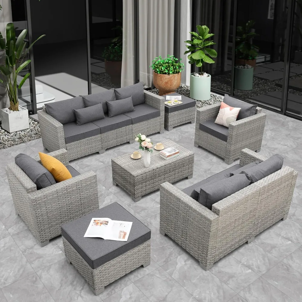 

Patio Furniture Set 7 Pieces Outdoor Sectional Sofa PE Wicker Conversation Chairs with Storage Table and Non-Slip Thick Cushion