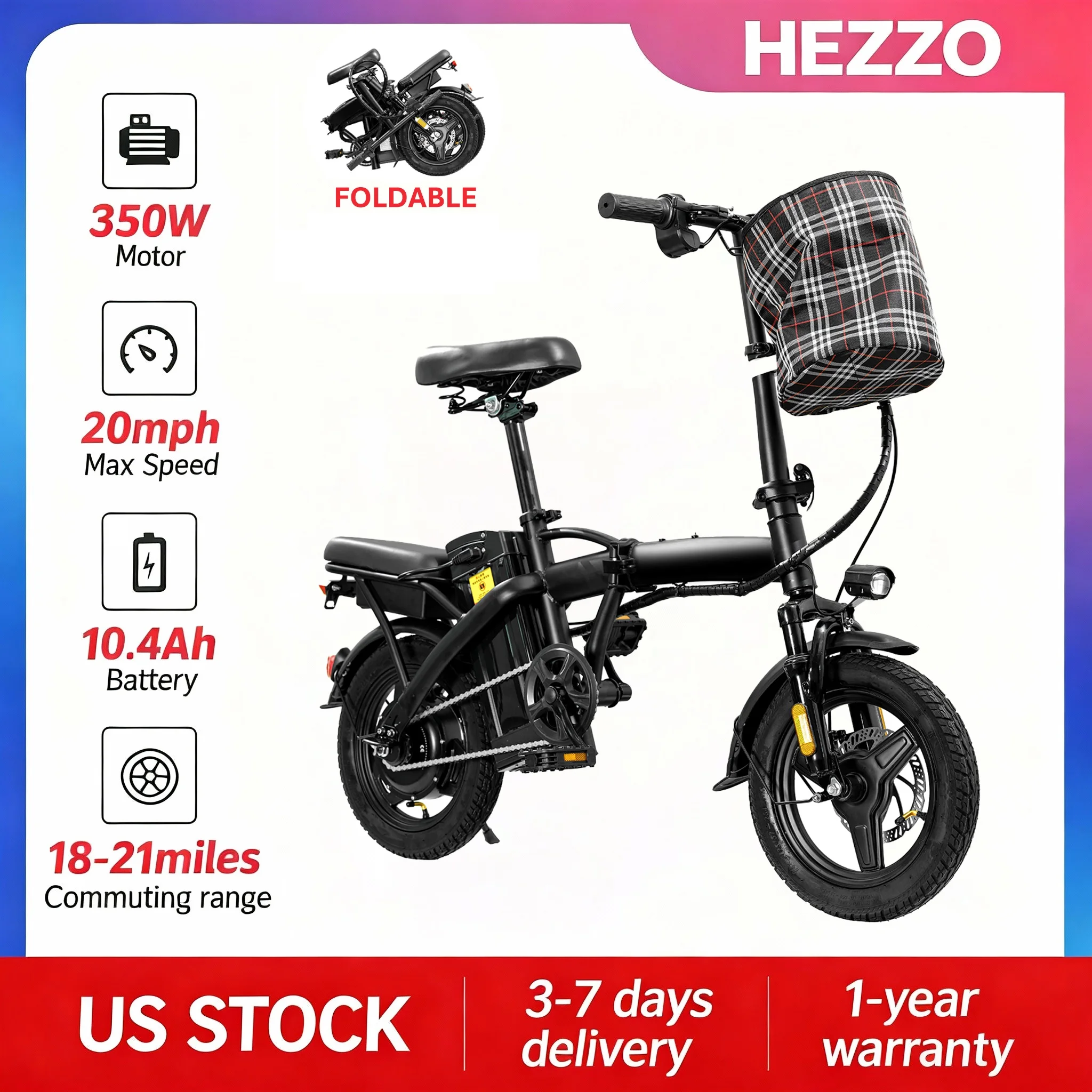 

Электровелосипед HEZZO T5 складной для городских поездок, 32 км/ч, 28-35 км, 48В 350Вт, шины 14 дюймов, в наличии на складе в США, бесплатная доставка