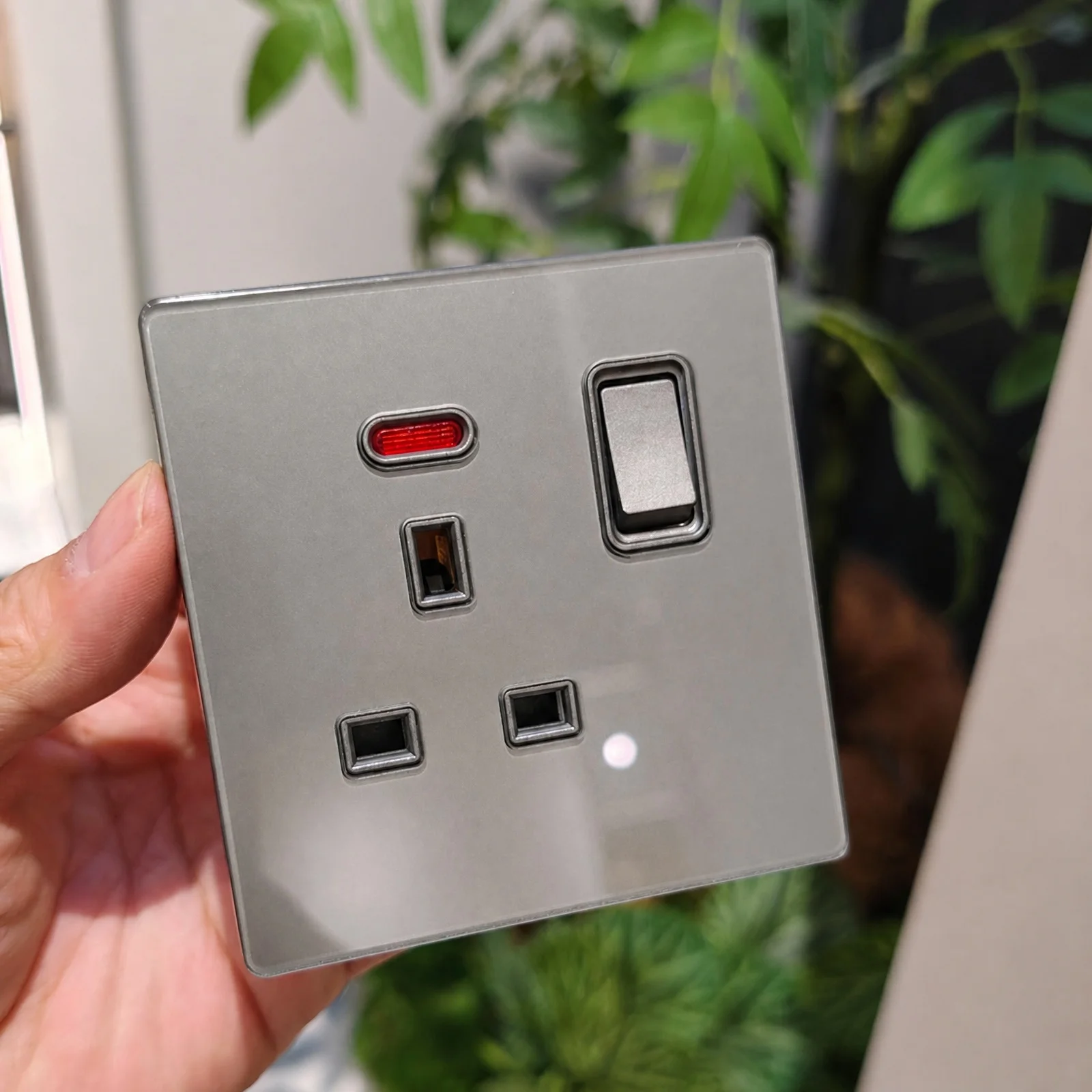 Tempered Glass UK Wall Socket With Switch Grey Ultra Slim LED Indicator Anti Scratch Easy Clean Modern Home Decor