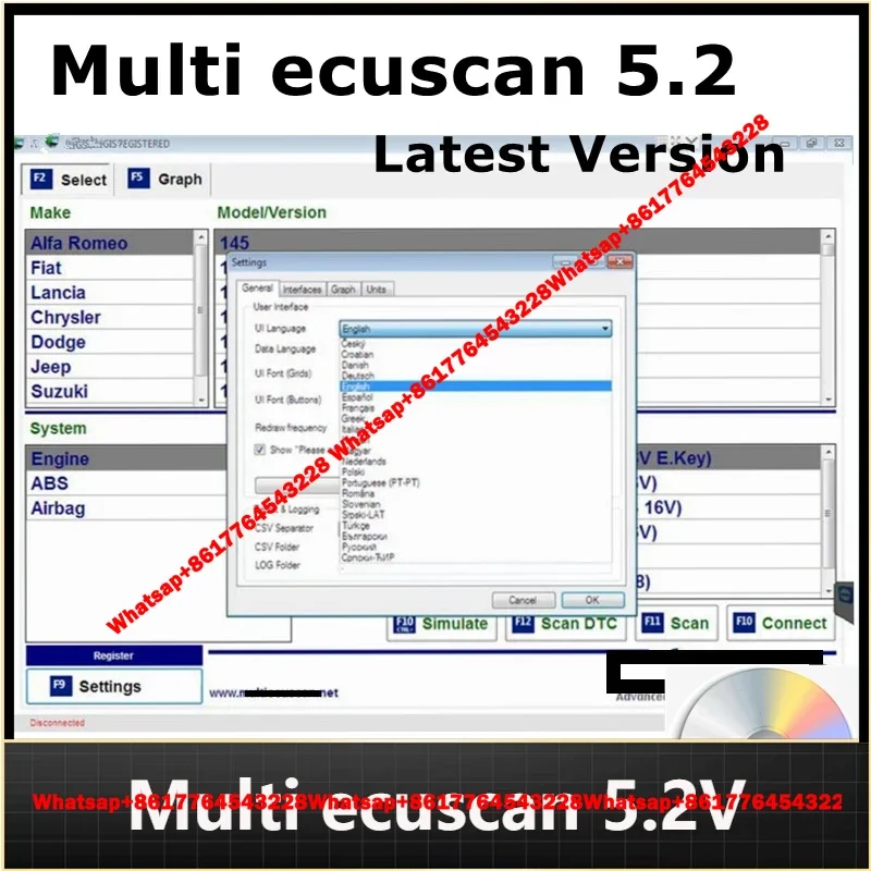 New Multiecuscan V5.2 Registered for Fiat/Chrysler/Dodge/Jeep/Suzuki Scanner Software Work with ELM327 OBD II Diagnostic Tool