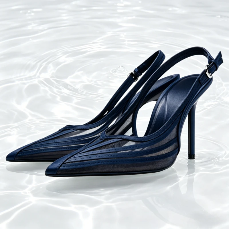 

Mesh Pointed-toe Slingback Heels Women Elegant Back-strap Adjustable Buckle Stiletto Designer Shoes Luxury Evening Dress Shoes