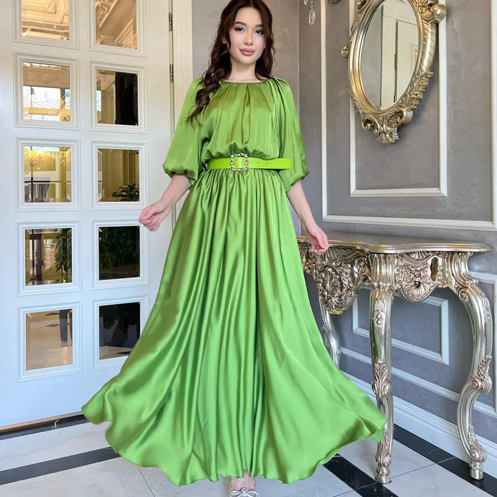 

Scoop Collar Long Sleeves Prom Gown A-line Draped Ankle-Length Solid Color Modern Evening Party Dresses فساتين للحفلات الراقصة