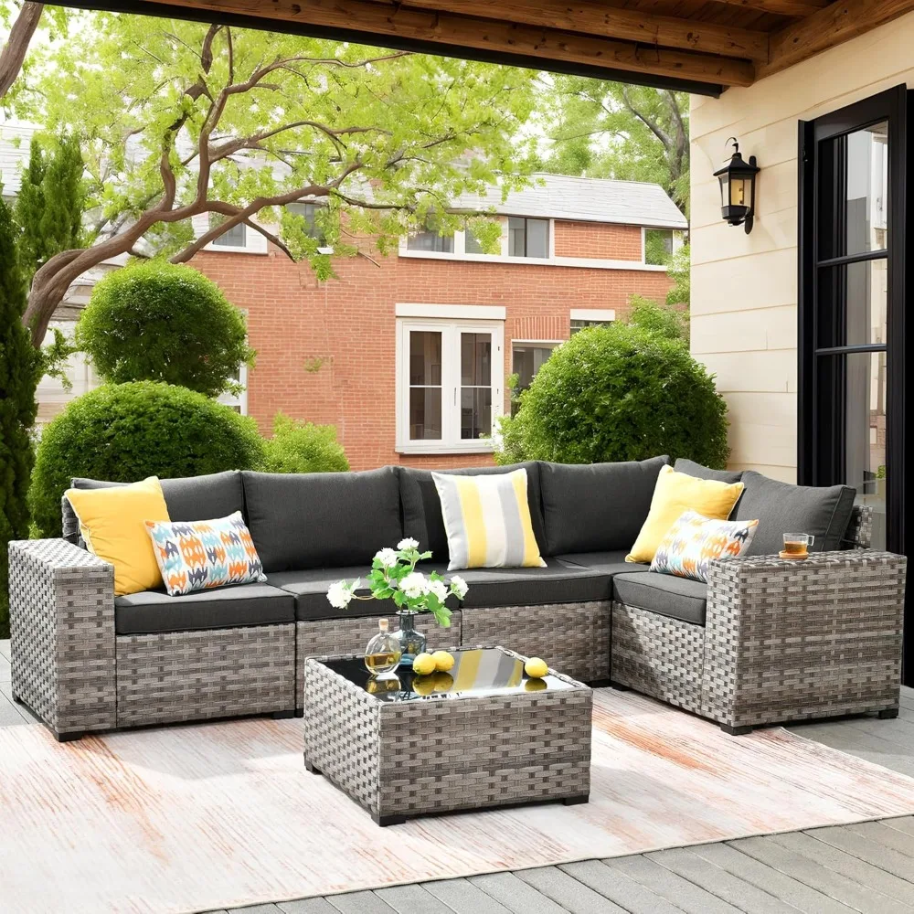 

6 Pieces Patio Furniture Set, Outdoor Wicker Sectional Sofa with Glass Table Comfy Cushions, Modern Modular Deep Seat Couch Rat