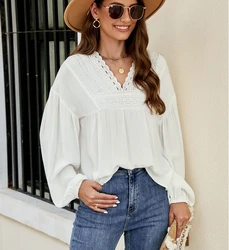 TEELYNN Casual Long Sleeve Lace Blouses Shirt for Women Tops Vintage Cotton Rayon Loose Boho Beach Blouse Spring Summer 2023