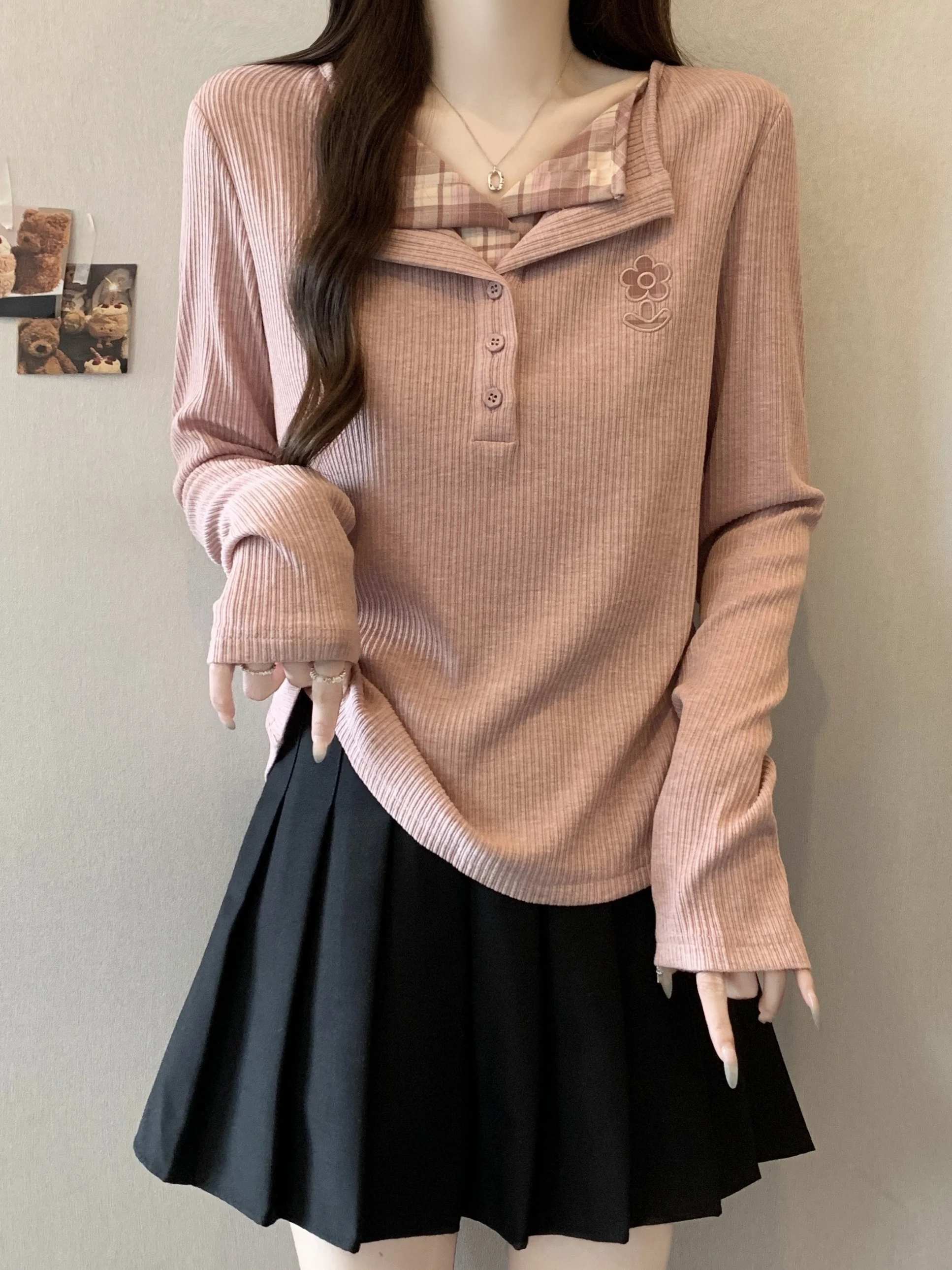 

plus Size Slimming Long Sve Turn-down Collar Base irt Women's Faionable Knitted Top High Waist A-Line Skirt