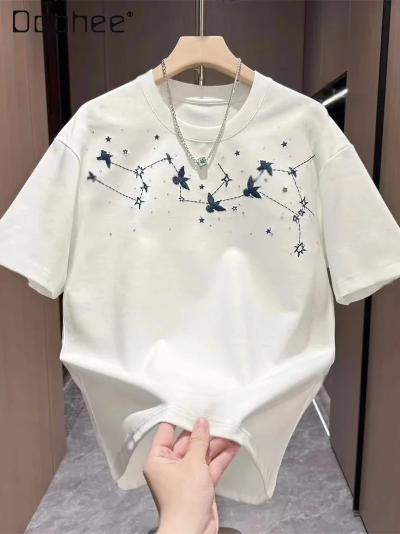 

2026 Summer New Men's Comfortable Fashion Embroidery Rhinestone Loose Casual Black White Round Neck Short Sleeve T-Shirt