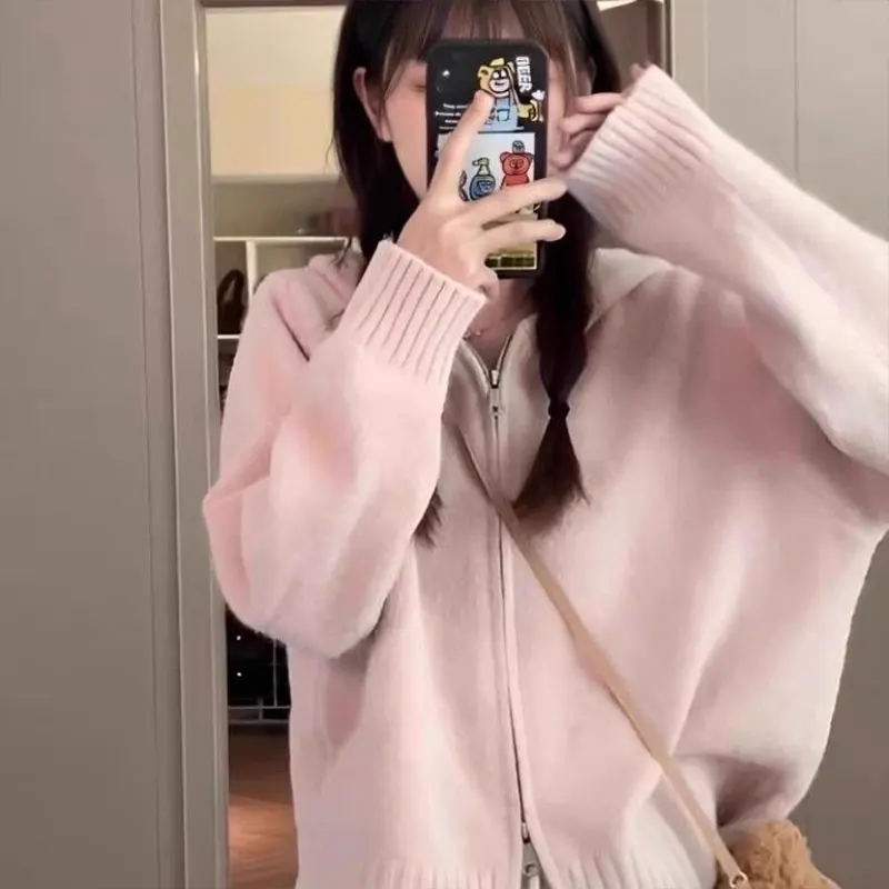 Solid Zipper V Neck Long Sleeve Cardigan Sweaters Elegant Fashion Harajuku Slim Fit Female Clothes Casual All Match Outerwear