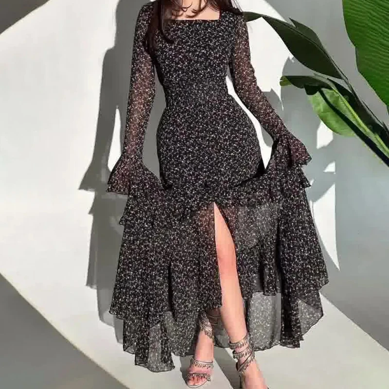 

Women's Dress New Elegant Floral Design Sense Square Collar Butterfly Sleeve Skirts Vintage Slim Fit Lace-up Side Slits Dresses