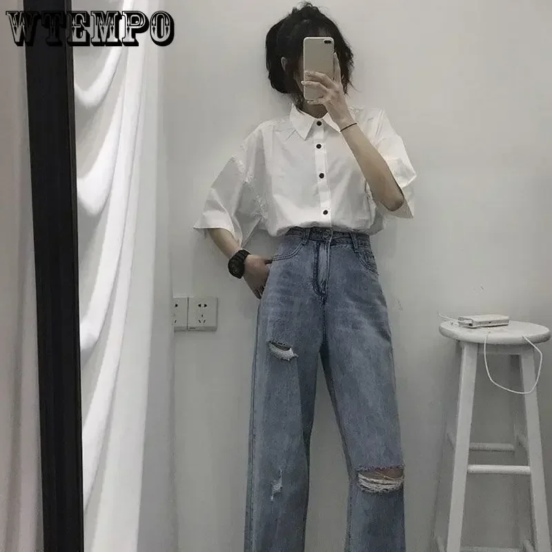 WTEMPO-Chemises à Manches Courtes pour Femme, Couleur Unie, Harajuku, Vintage, Mode, Été, Tout-assressenti, Couples, Nouveau