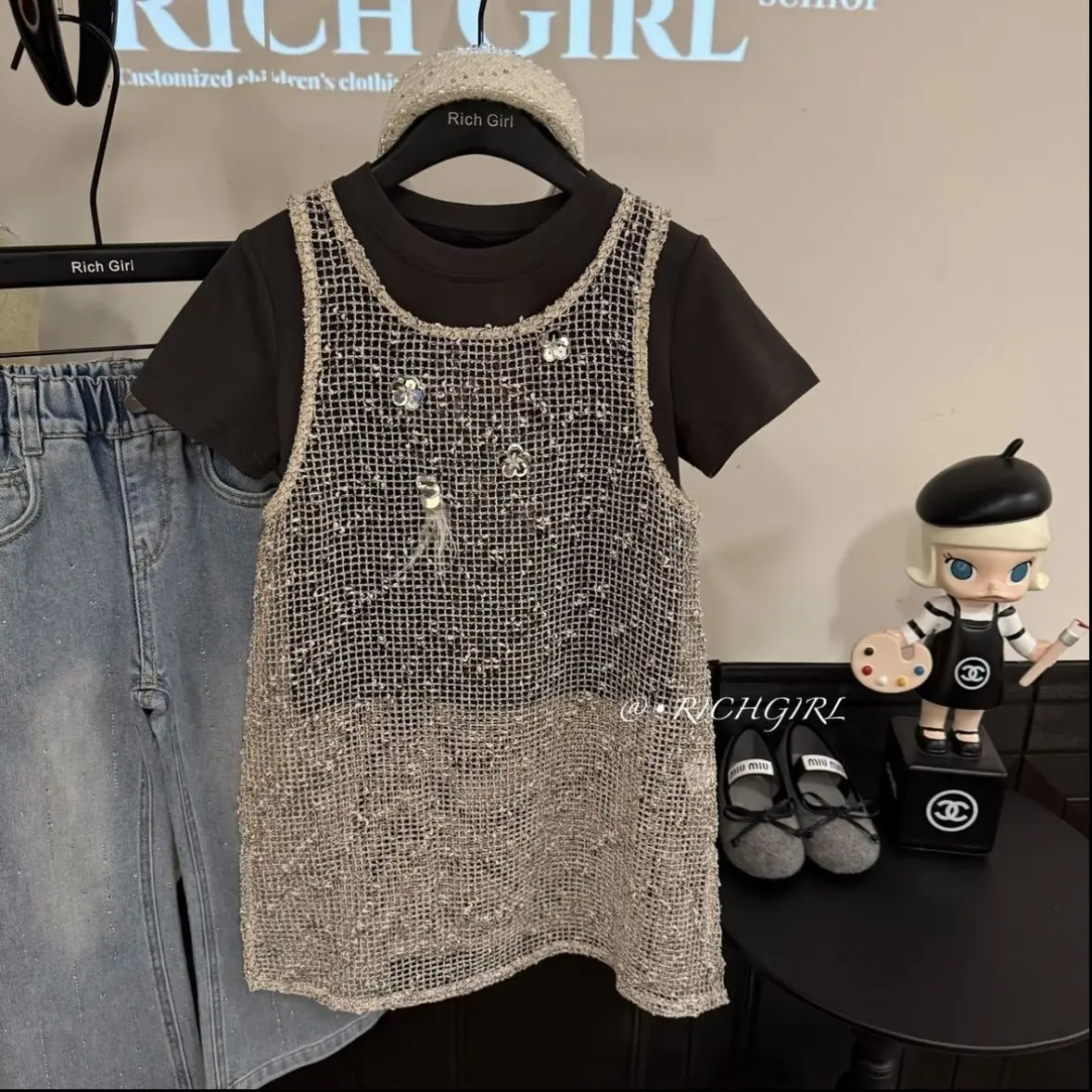 Kids Girls Sparkly 3-Piece Set Bow Print Short Sleeve T-Shirt + Sheer Sequin Mesh Tank Top + Light Blue Rhinestone Bootcut Jeans