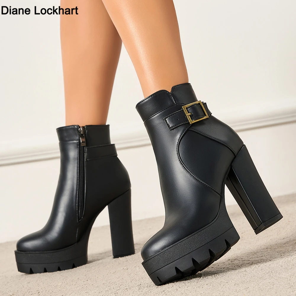 

Sping Autumn Platform Ankle Boots Woman Black Brown PU Leather Shoes Female High Heels Boots Ladies Shoes For Party Big Size 43