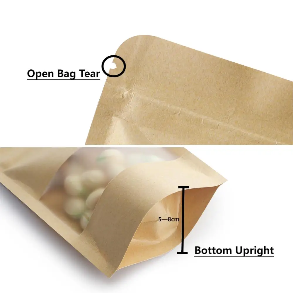 Bulk Packaging Kraft Paper Visible Window Upright Mylar Bags Gift Candy Coffee Bean Packaging Bags Zipper Bone Self-Sealing Bags