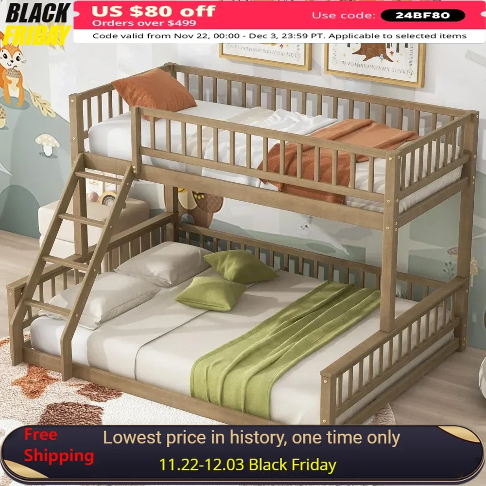 Twin XL Over Queen Wood Bunk Bed with Ladder, Detachable Floor Bunk Bed Frame with Guardrails，No Box Spring Needed，Wood Bunk Bed