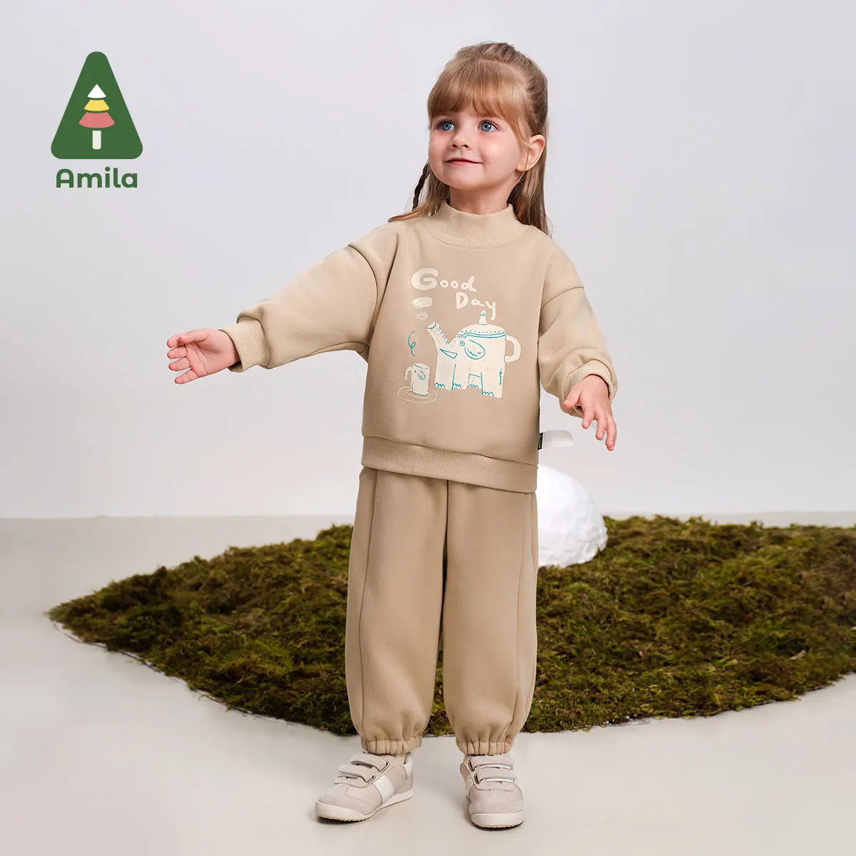 Amila Baby Suit 2024 Winter New High Quality Boys And Girls Cartoon Warm Plus Velvet Sports Loose Casual Children’s Clothing