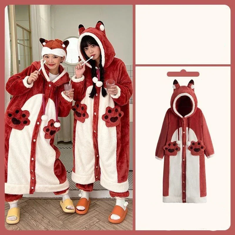 Pluszowa polarowa koszula nocna dla kobiet dziewczyna zimowa ciepła dorywczo koszula nocna z kapturem Homewear śliczne Anime Fox Cosplay garnitur flanelowa piżama