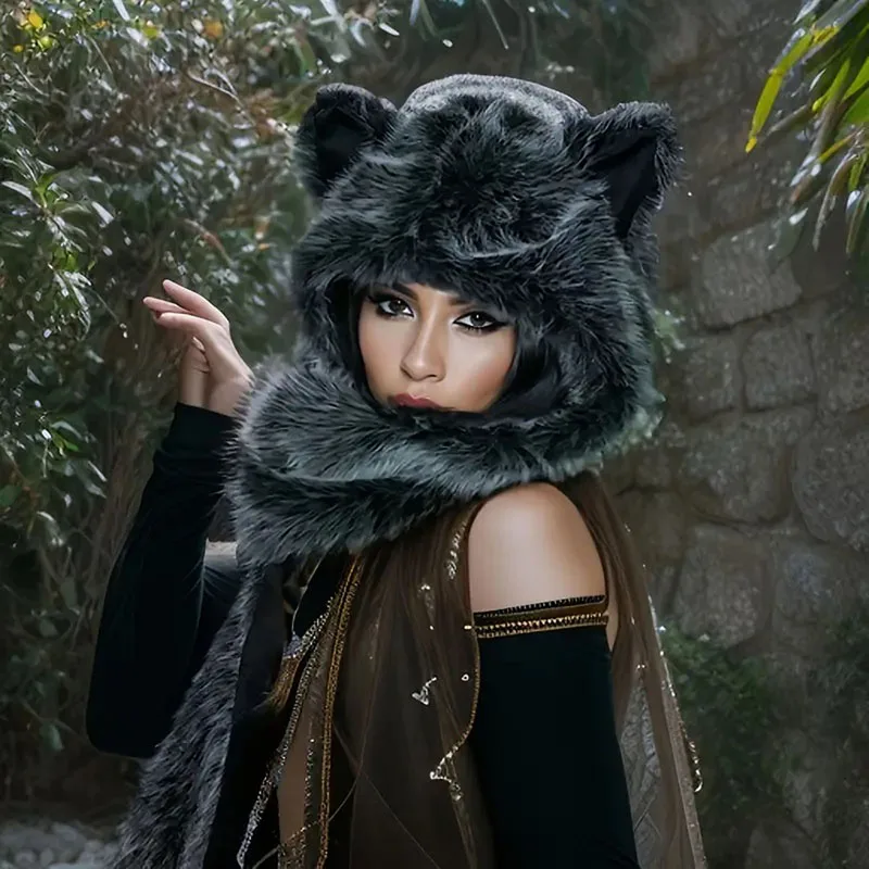 Chapeau à Trous en Fausse Fourrure avec Écharpe de Cou pour Femme, Couvre-Oreilles de Renard 3D, Casquette Bombardier Trooper Chaude d'Hiver pour le Ski et le Cyclisme