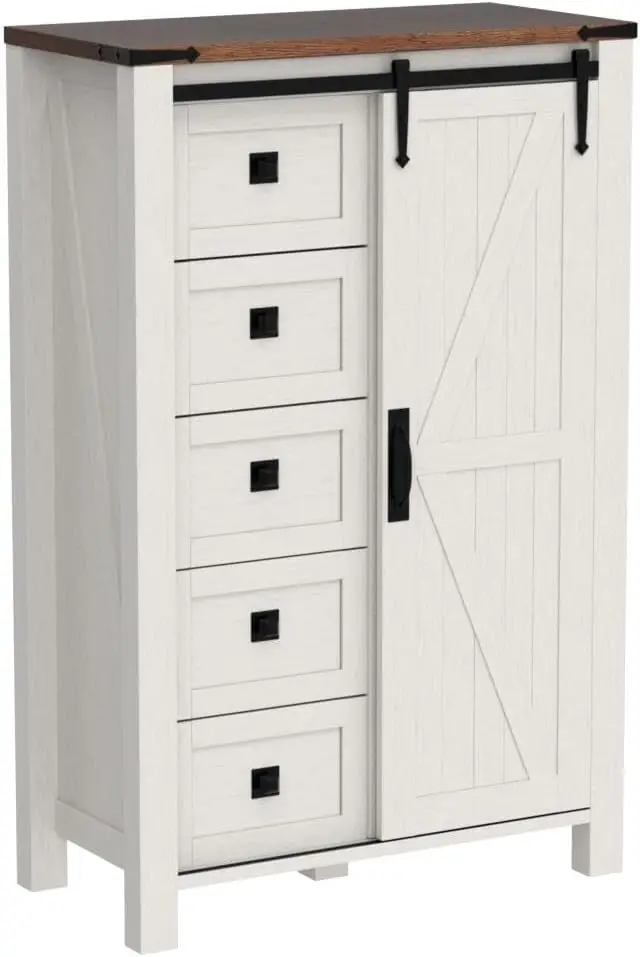 5 Drawers Dresser for Bedroom w/Sliding Barn Door, Farmhouse Modern Tall Dresser 5 Chest of Drawers, Storage Organizer Dresser