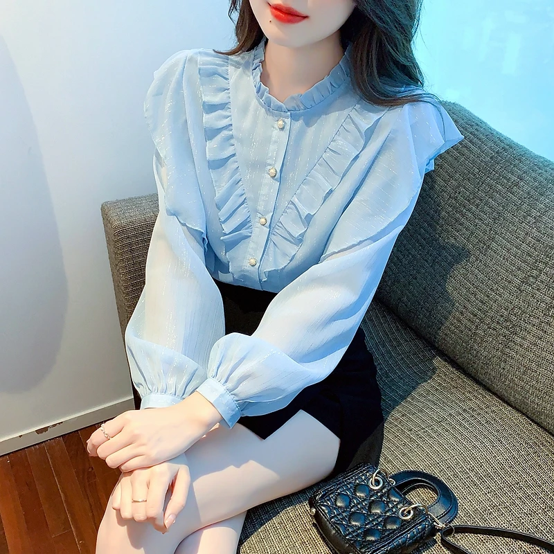 Stand-Neck Ruffle-Sleeve Metallic Chiffon Shirts Women's Button-Front Blue Pink White Blouses Korean Style Elegant Office Top