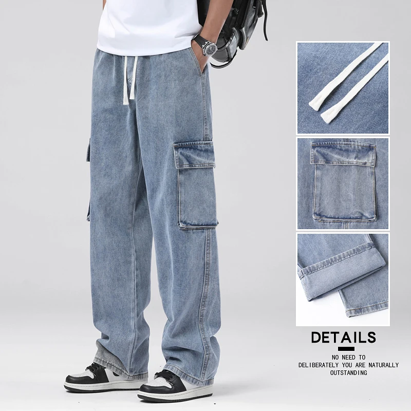 

Мужские мешковатые прямые джинсы-карго с эластичной резинкой на талии, повседневные брюки, уличная мода, винтажные брюки, мужские модные брендовые брюки