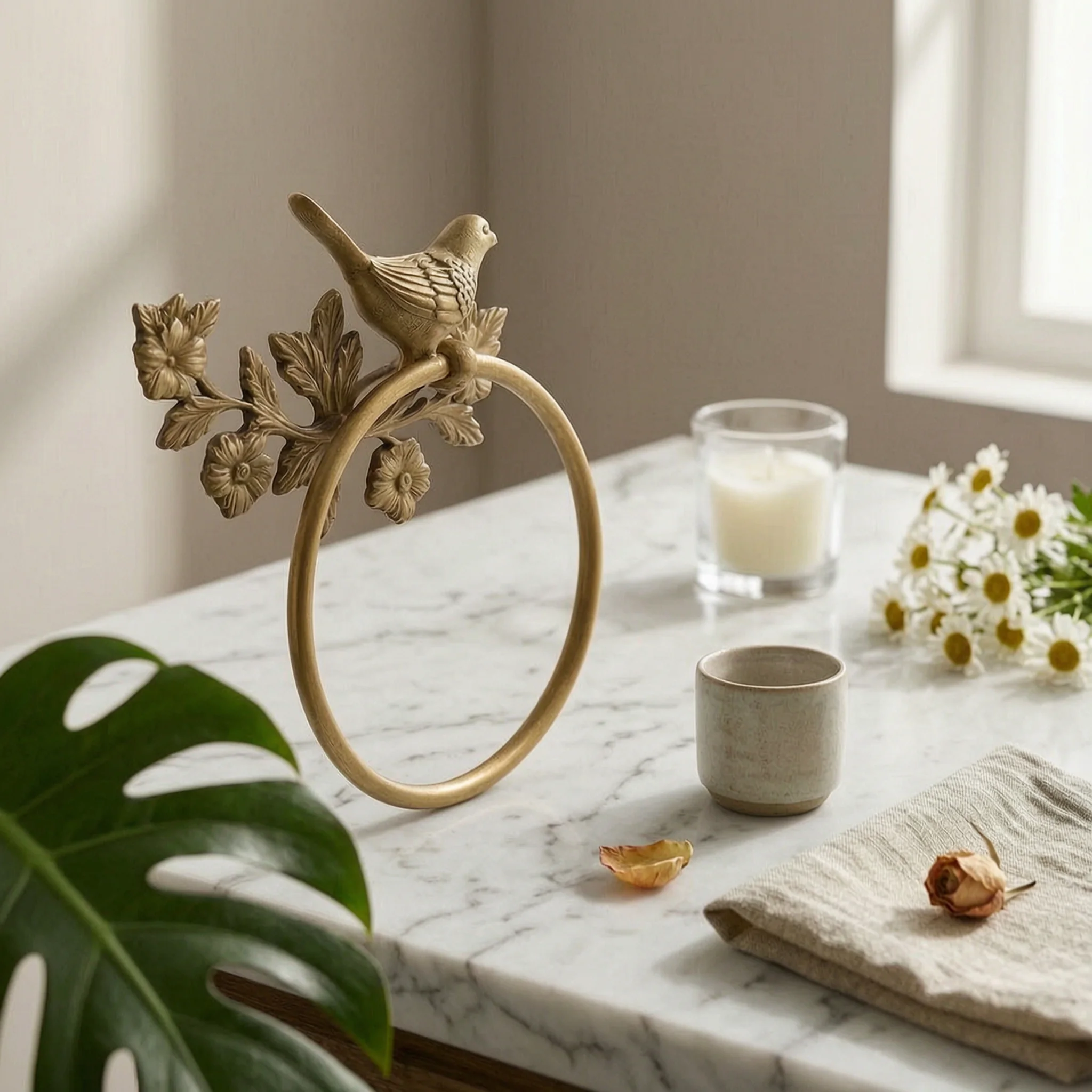 Towel Holder with Bird and Floral Motif Wall-Mounted Towel Loop with Floral Design Hardware Decorative Space-Saving for Bathroom