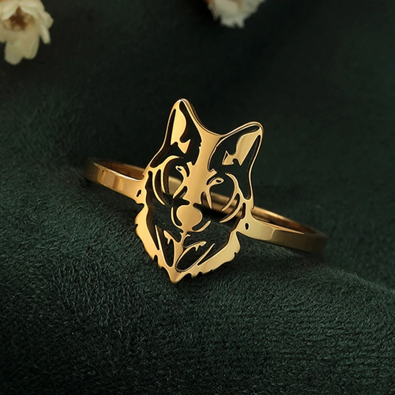 Titanium Steel Gold Color Wolf Head Rings for Women Men Jewelry Fashion Hollow Open Adjustable Male Finger Rings Party Gifts