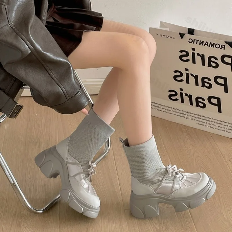 

Retro Bow Mesh Breathable Thick Soled Sock Boots for Women 2025 Autumn Fashion Versatile Comfortable Non Slip Chunky Short Boots