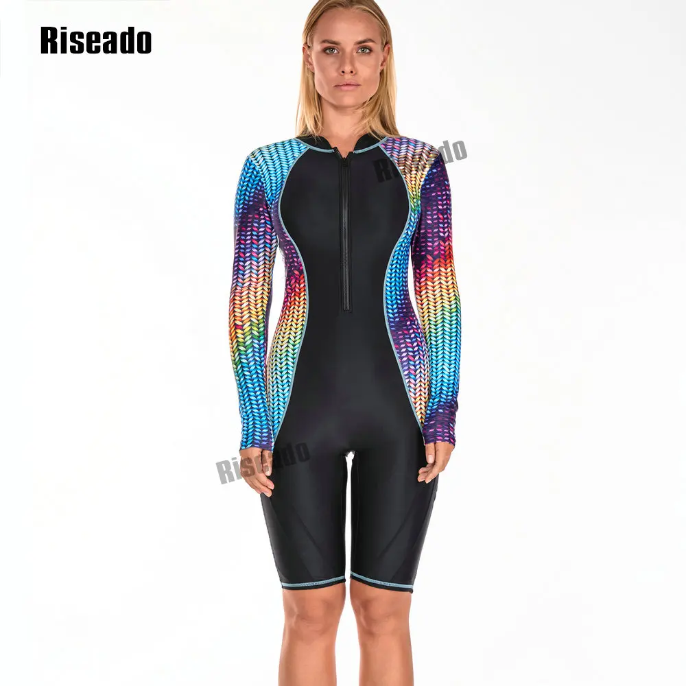 Riseado Women's One Piece Swimsuit High Neck Long Sleeve Zip Fixed Cups Colorful Block Bathing Suit Swimming Pool Rash Guard