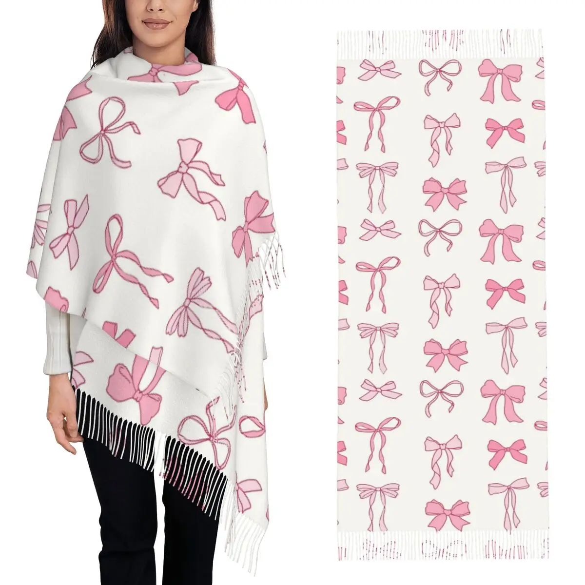 Various Pink Colorful Bow Tie Pattern Scarf Tassel Scarves for Women Soft Warm Shawls and Wraps Long Fall Winter Shawl Wrap