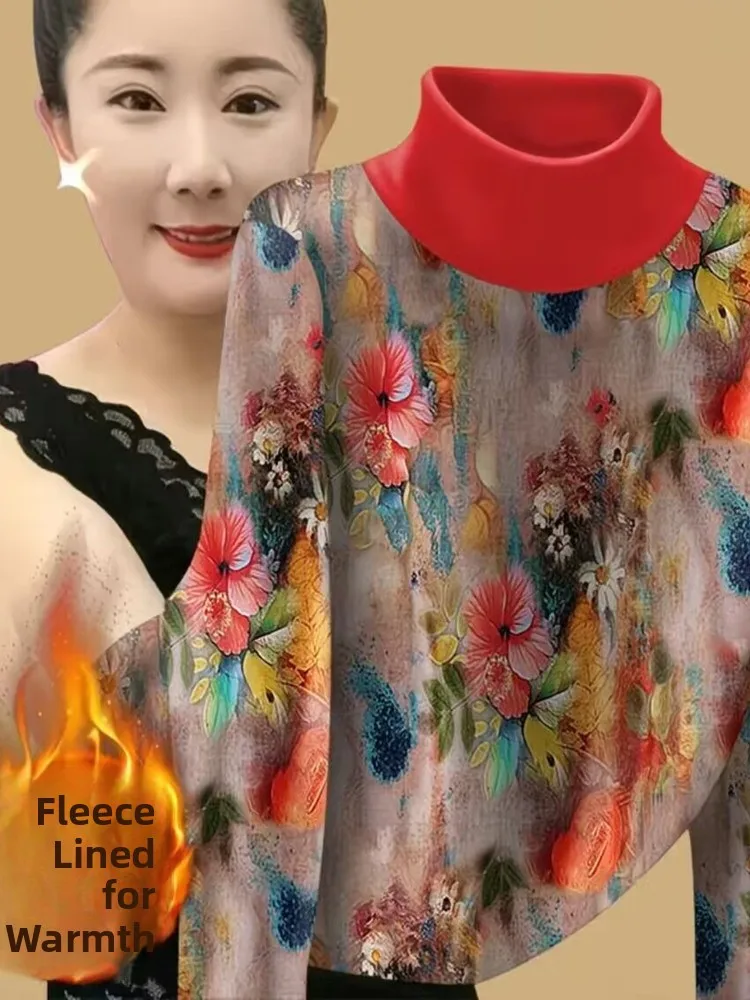 

New Autumn Winter Faionable Long Sve T-irt Base irt Warm Top Velvet f High Collar Ladies Commute Sle Ethnic Trend