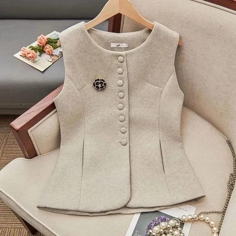 2025 Autumn Winter Casual Versatile Sleeveless Women's Woolen Vest Coat Temperament Fashion Loose Lady Suit Waistcoat Jacket