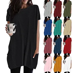 Le donne lunghe t-shirt estate Casual solido Pullover sciolto girocollo camicie manica corta tunica top camicetta con tasche signora Pullover