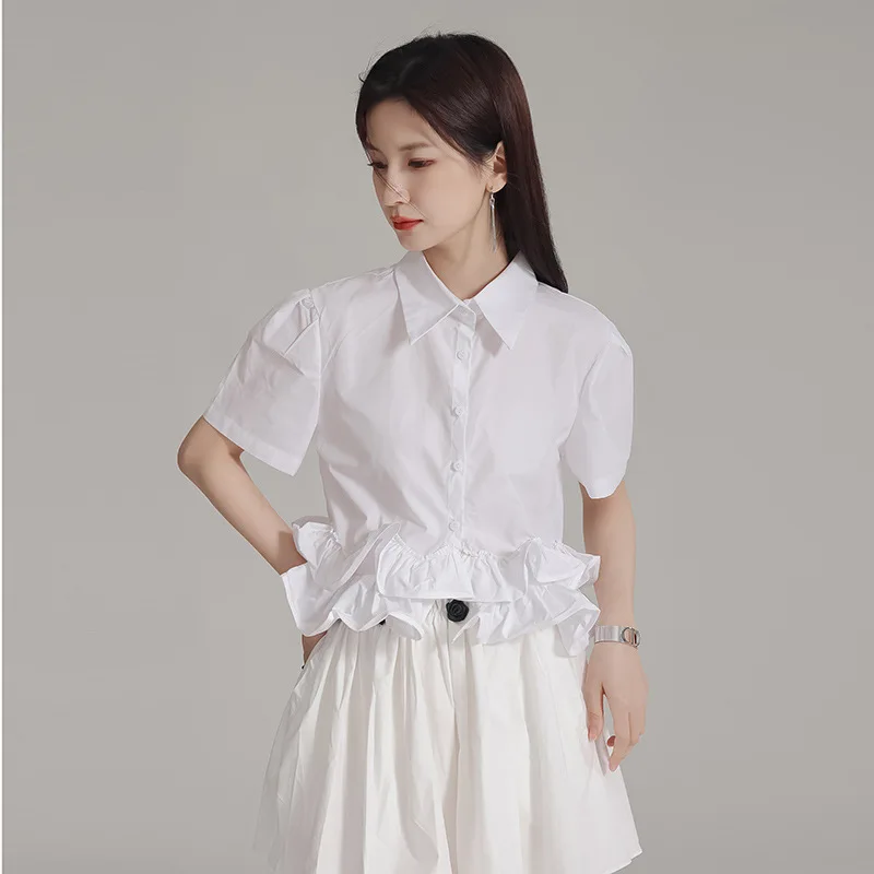 

High Quality 2024 New Unique Short Top Fashionable Design with Folded 3D Ear Edge Short sleeved Women's Shirt