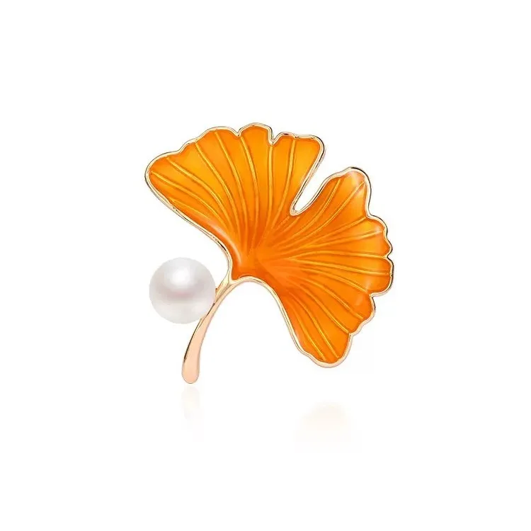 Hanfu Guochao Sterling Silver Brooch Women's Apricot Leaf Pin Painted Enamel Craft Bead-Inlaid Cheongsam Elegant Mother's Tassel