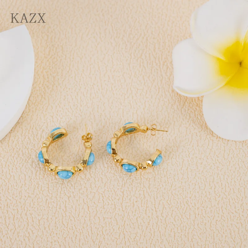 

Vintage Gold Plated Turquoise Stone C Shape Hoop Earrings Women Bohemian Huggie Ear Buckle Trendy Brincos Jewelry