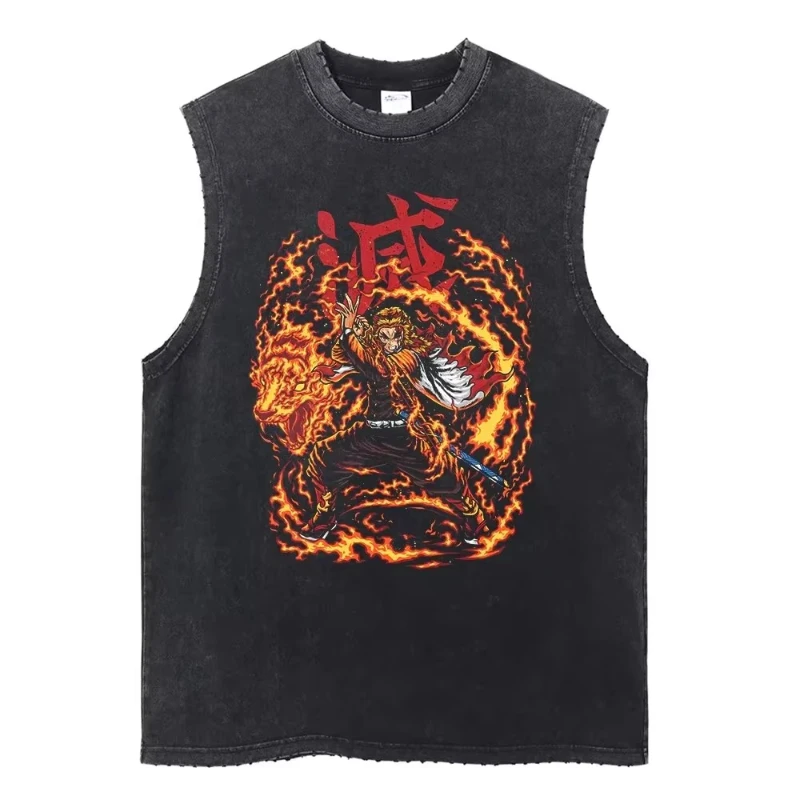

Men's Kyojuro Rengoku Demon Slayer Vintage Washed Tank Top, Casual Cotton Sleeveless Anime Tee