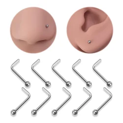 10pcs L Bend Nose Ring Studs Stainless Steel Nose Piercing Stud Body Jewelry Top Ball 1.5mm/2mm/2.5mm/3mm Piercing Jewelry
