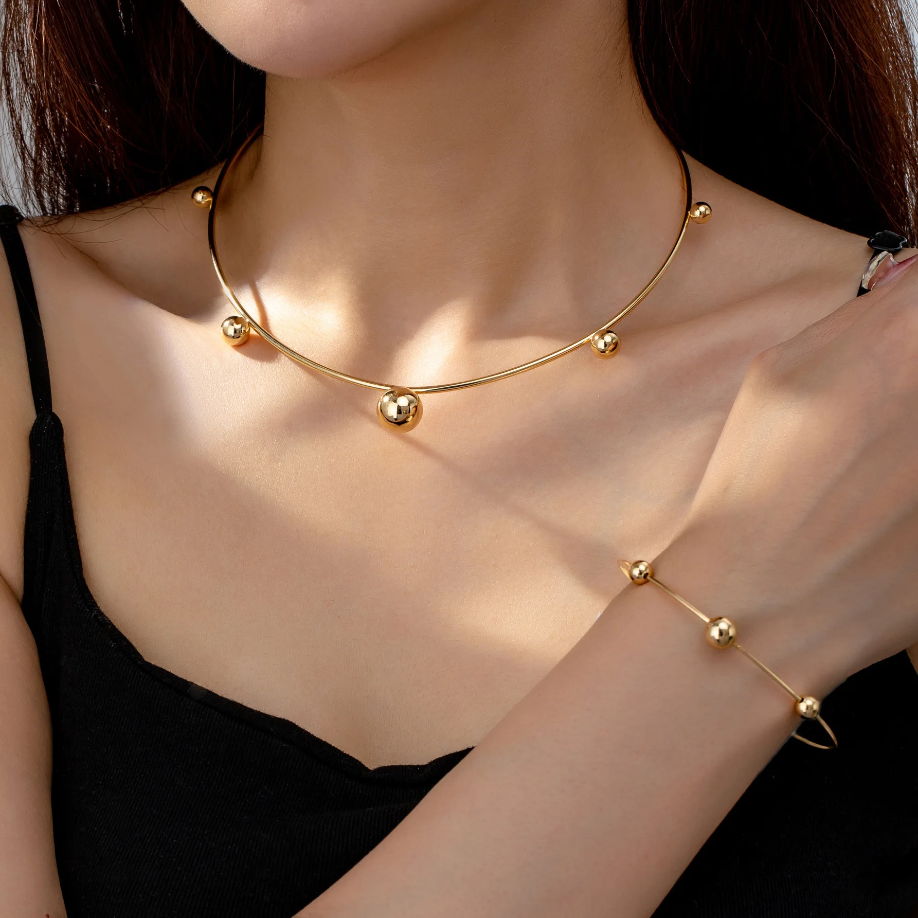 

3PCS Simple Stainless Steel Ball Choker Collar Necklace for Women Jewelry Set OL Gold Color Adjustable Bracelet Bangles Jewelry