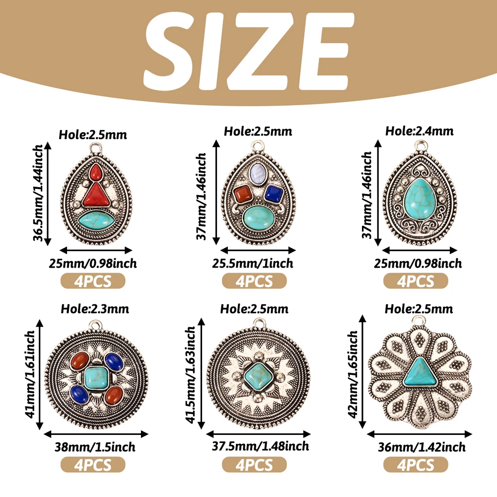 24Pcs Geometric Flower Bohemian Style Antique Silver Color Alloy Charms DIY Jewelry Making Necklace Earrings Accessories