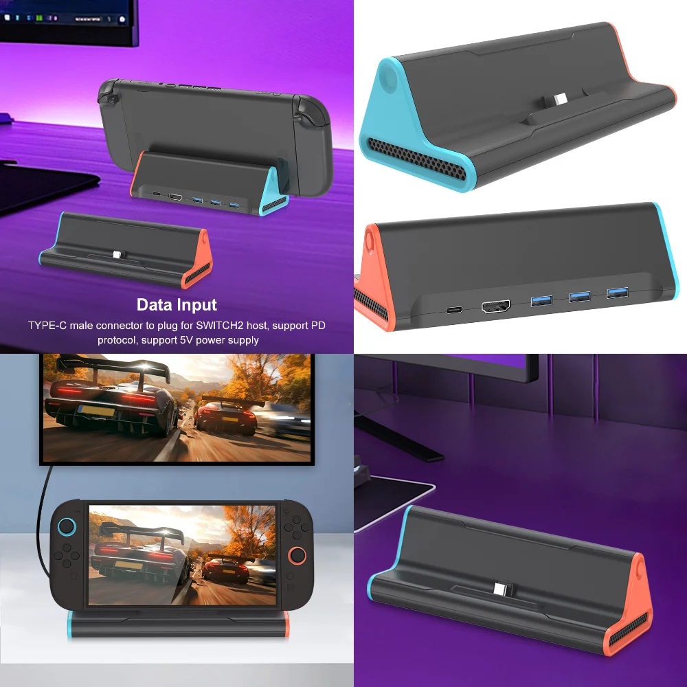 

Док-станция для мини-телевизора, зарядная база с 4K HDMI-совместимым портом Type C/USB, консольная зарядная подставка для Switch 2, игровые аксессуары