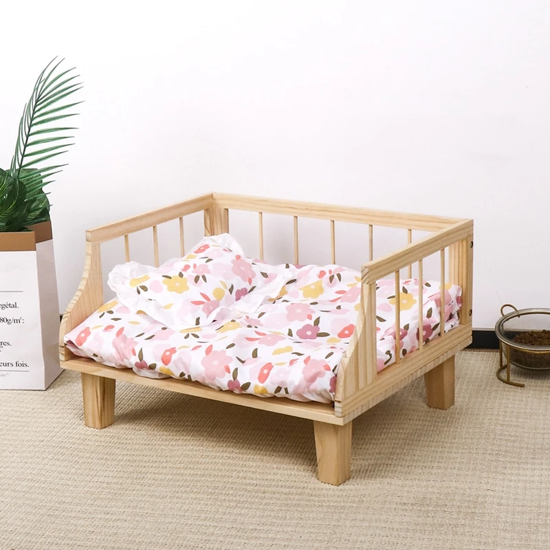 Cat Bed Nest Teddy Dog Bed Luxury Wood Bed for Pet Cats Small Dogs Semi Enclosed Fence To Prevent Falling Cat Bed Hammock