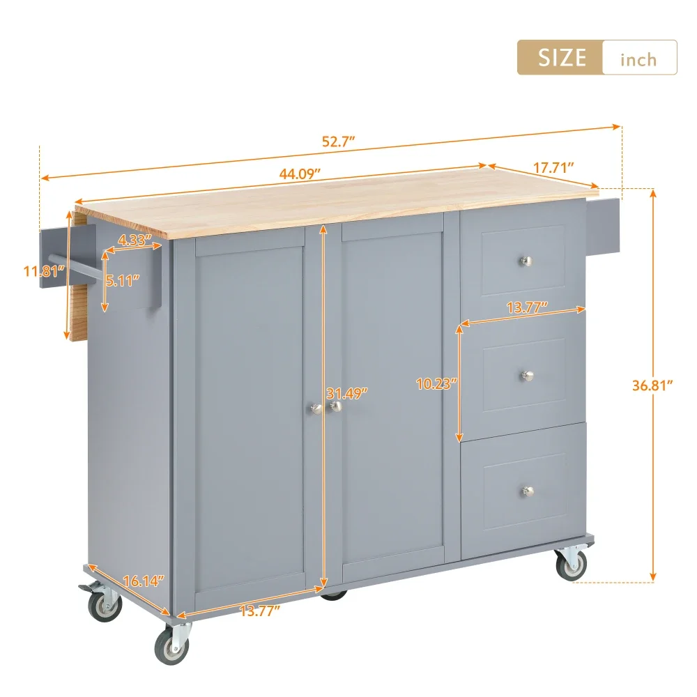 Rolling Kitchen Island with Solid Wood Top and Locking Wheels 52.7 Inch Kitchen Cart with Storage Cabinet and Drop Leaf