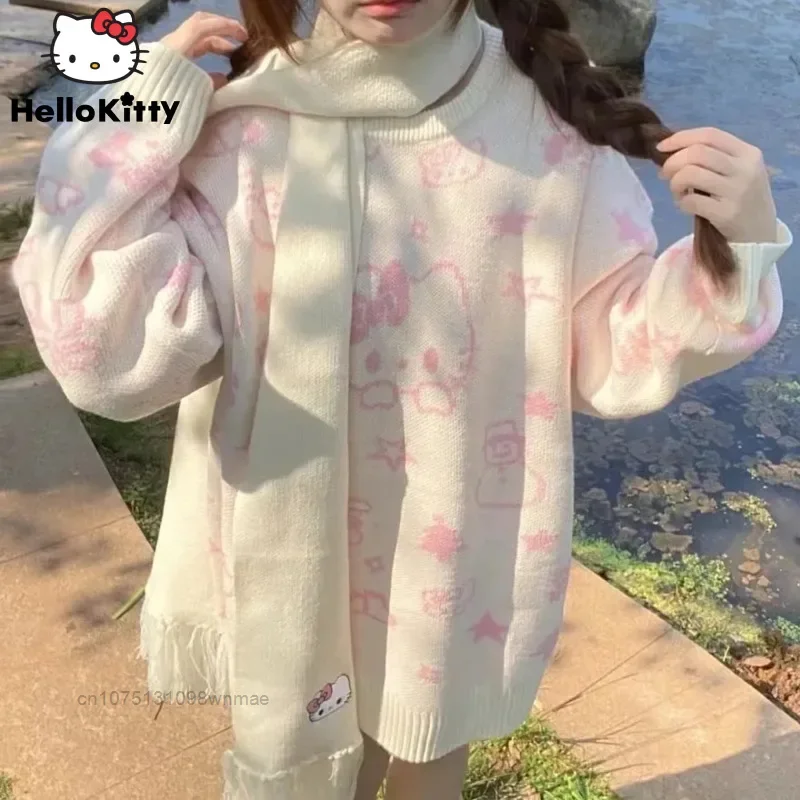 

Christmas Hello Kitty Sweet Knitted Pullovers Sweater with Scarf for Women Y2k Sanrio Cute Cartoon Casual Loose Knitwear Tops