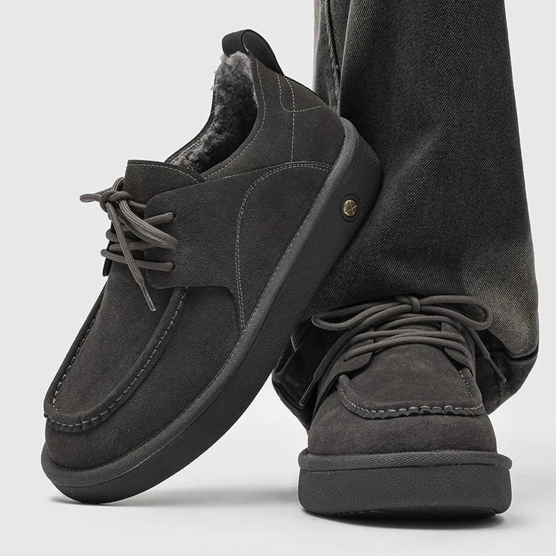 Men Winter Warm Fuzzy Lined Casual Shoes Khaki Matte Upper Moc Toe Lace Up Thick Platform Sole Outdoor Walking Shoes