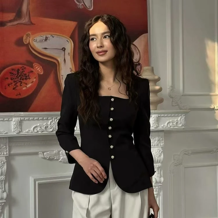 Gola quadrada slim fit jaet outono pequena fraança sle feminino faion commute sle regular sve comprimento cor pura